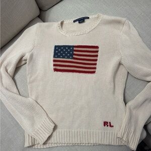 Ralph Lauren American Flag Sweater Cream Knit Cotton USA Flag RL Preppy